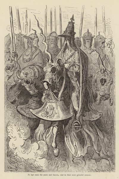 やっと仲間と男爵がやって来て、彼らの最も素晴らしい鎧をまとった 作： Gustave after Dore